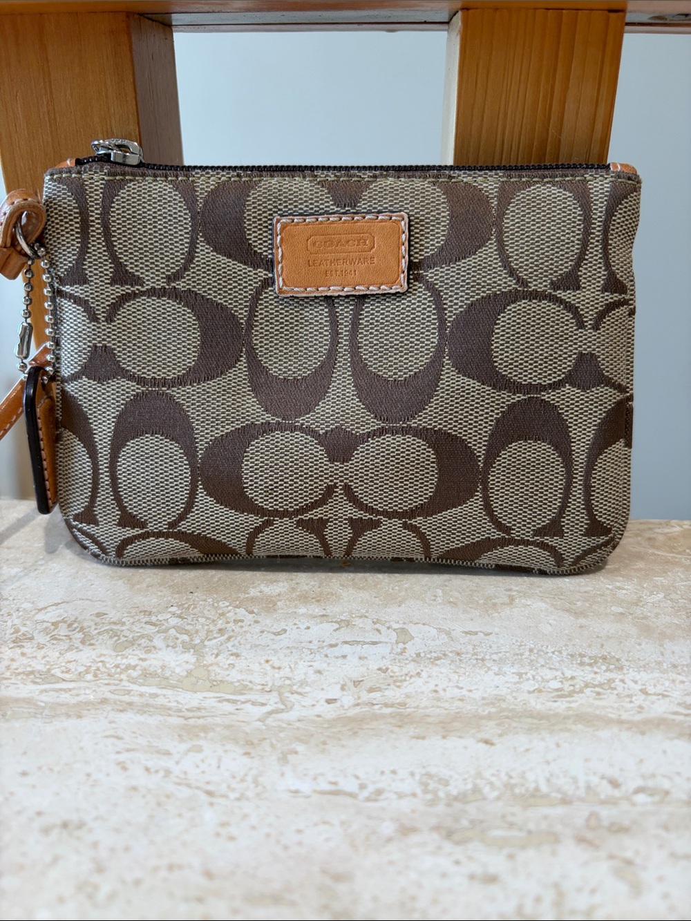 Coach Brown Signature Canvas Wristlet with Leather Trim